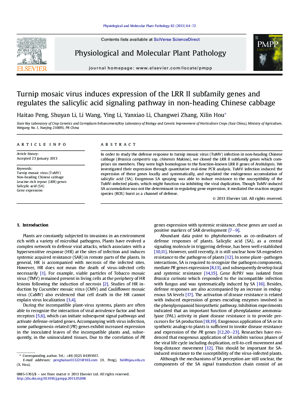 Turnip mosaic virus induces expression of the LRR II subfamily genes and regulates the salicylic acid signaling pathway in non-heading Chinese cabbage