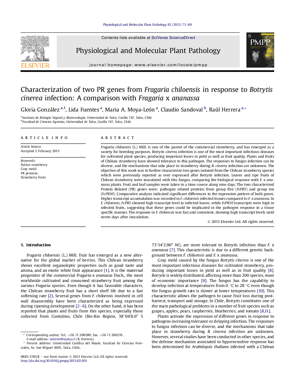 Characterization of two PR genes from Fragaria chiloensis in response to Botrytis cinerea infection: A comparison with Fragaria x ananassa