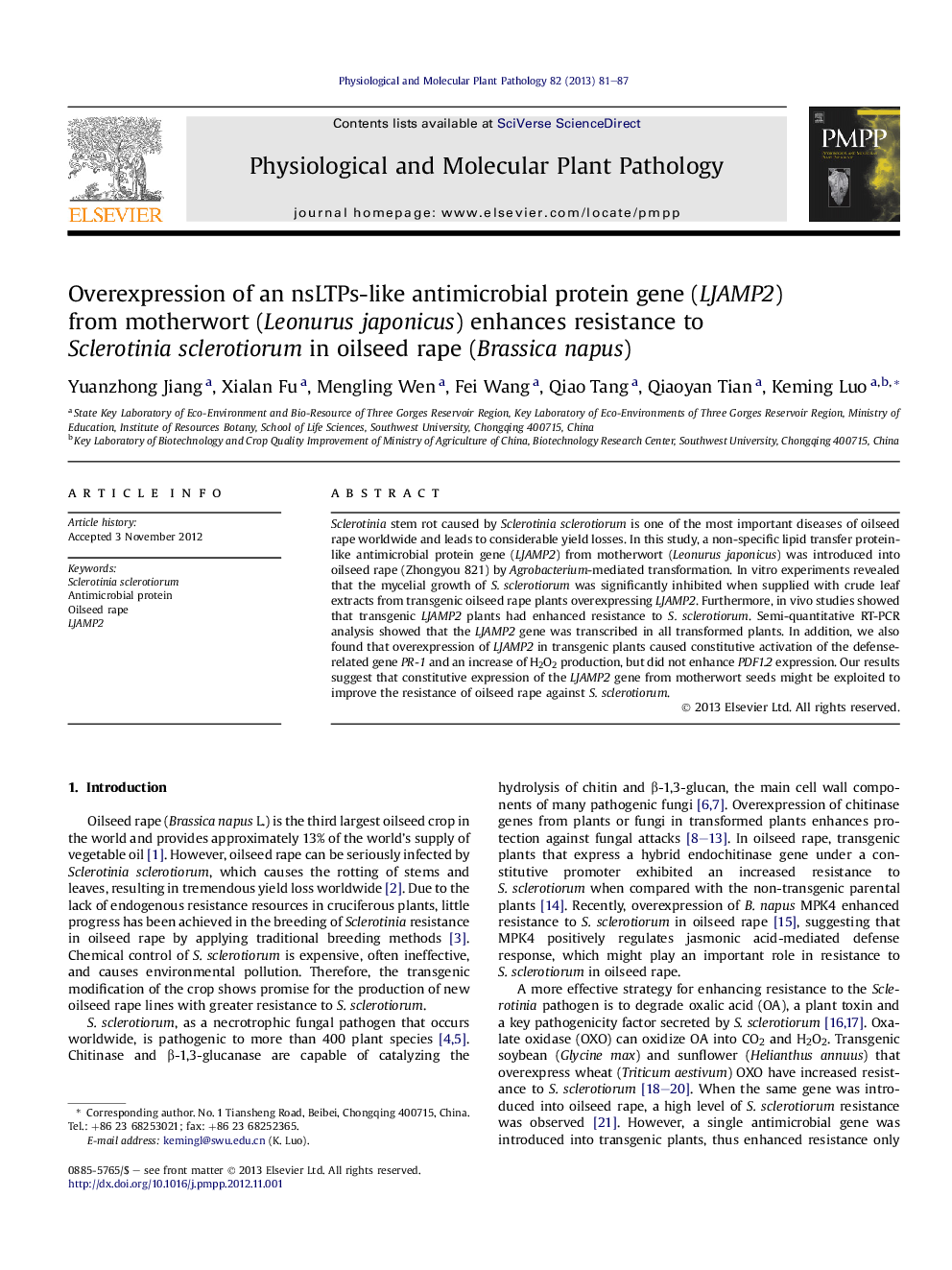 Overexpression of an nsLTPs-like antimicrobial protein gene (LJAMP2) from motherwort (Leonurus japonicus) enhances resistance to Sclerotinia sclerotiorum in oilseed rape (Brassica napus)