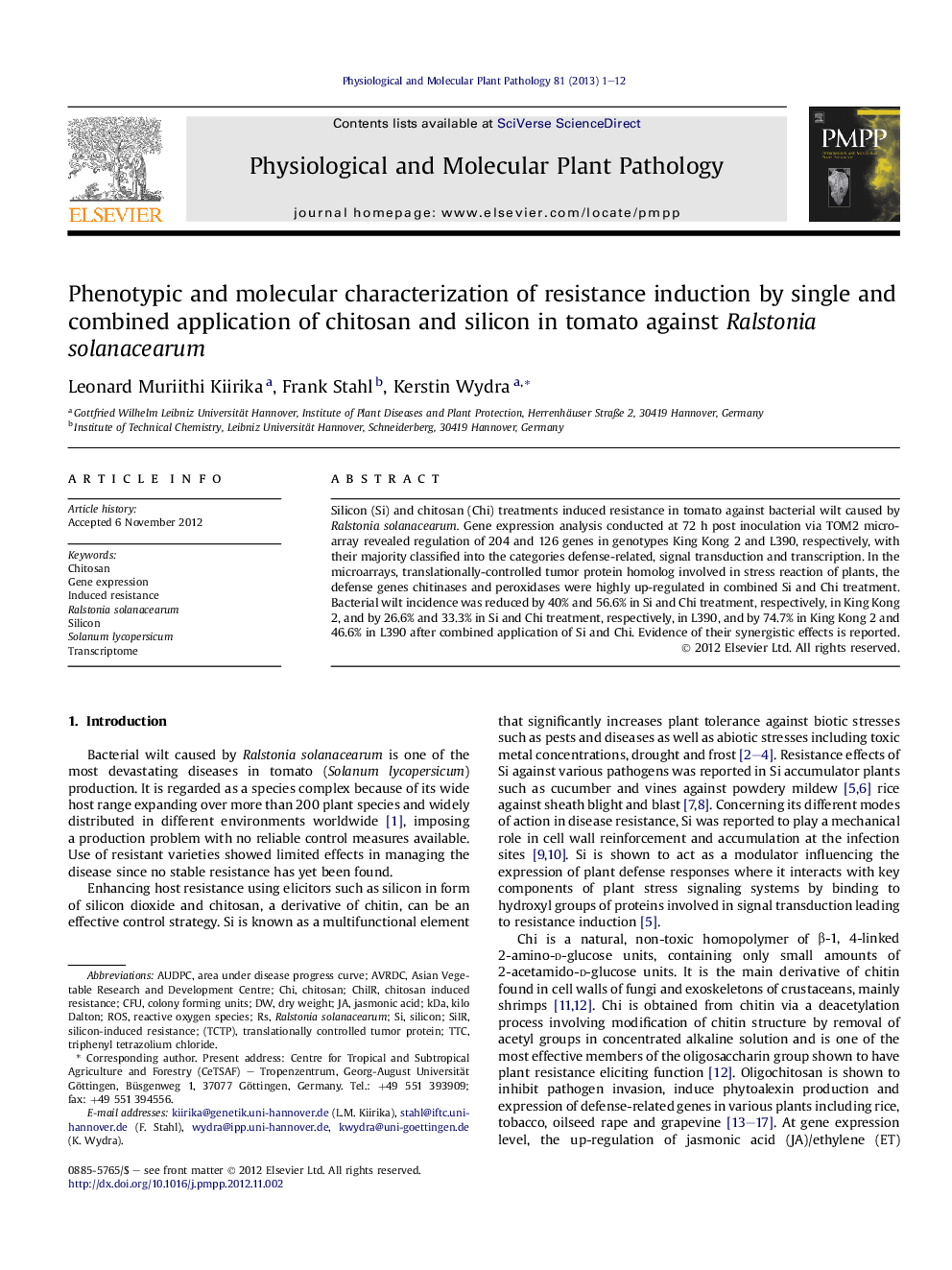 Phenotypic and molecular characterization of resistance induction by single and combined application of chitosan and silicon in tomato against Ralstonia solanacearum