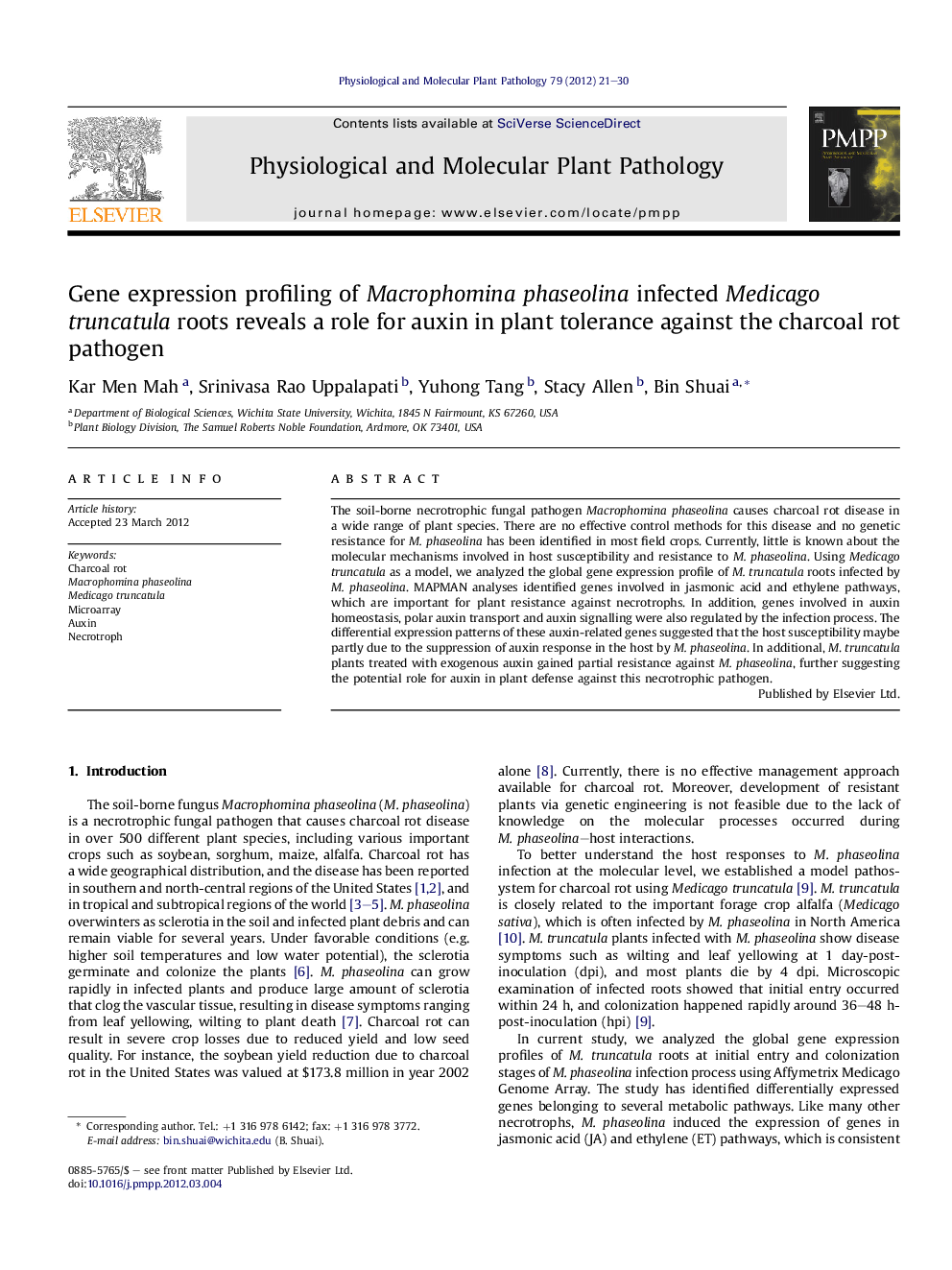 Gene expression profiling of Macrophomina phaseolina infected Medicago truncatula roots reveals a role for auxin in plant tolerance against the charcoal rot pathogen