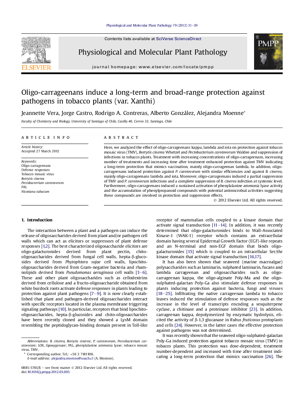 Oligo-carrageenans induce a long-term and broad-range protection against pathogens in tobacco plants (var. Xanthi)