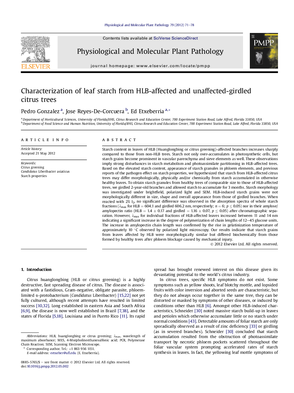 Characterization of leaf starch from HLB-affected and unaffected-girdled citrus trees