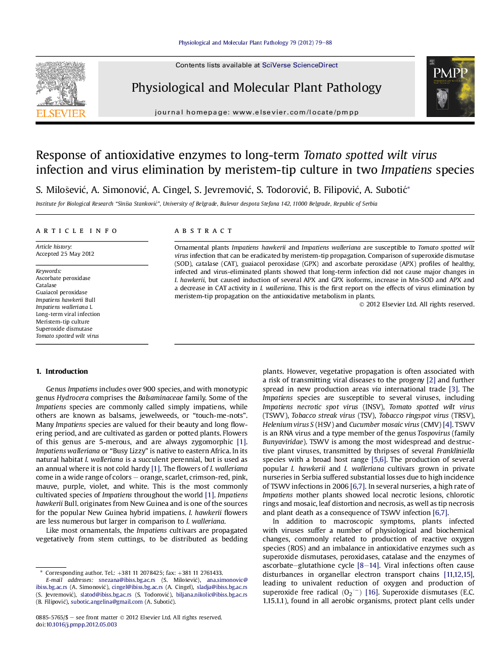 Response of antioxidative enzymes to long-term Tomato spotted wilt virus infection and virus elimination by meristem-tip culture in two Impatiens species