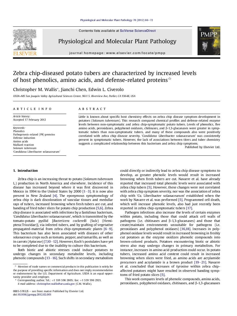 Zebra chip-diseased potato tubers are characterized by increased levels of host phenolics, amino acids, and defense-related proteins 