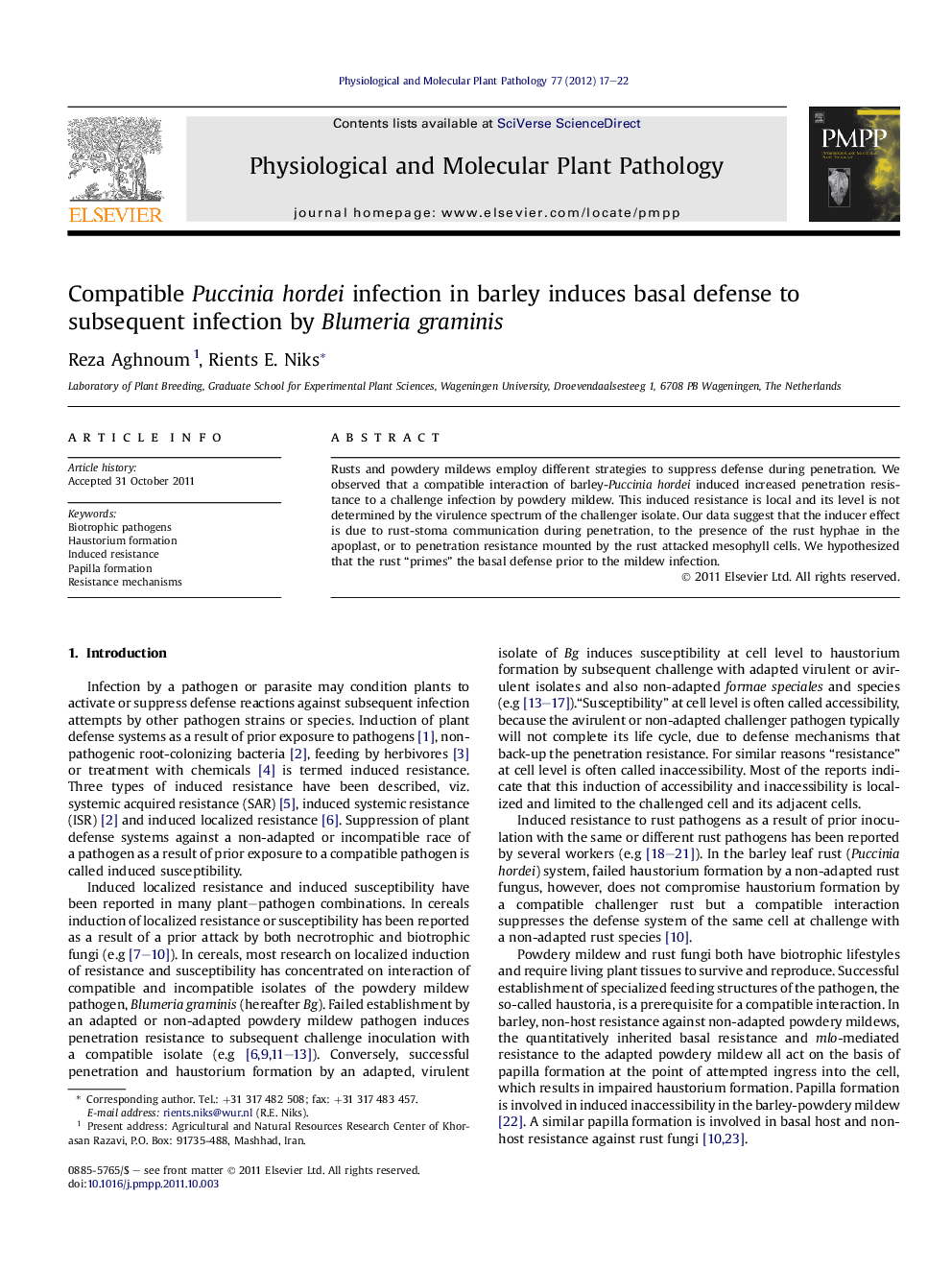 Compatible Puccinia hordei infection in barley induces basal defense to subsequent infection by Blumeria graminis