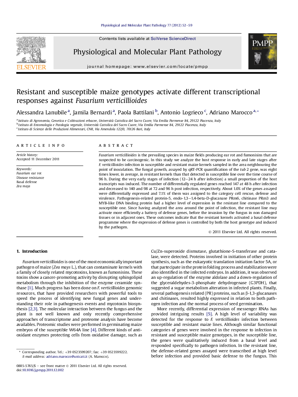 Resistant and susceptible maize genotypes activate different transcriptional responses against Fusarium verticillioides