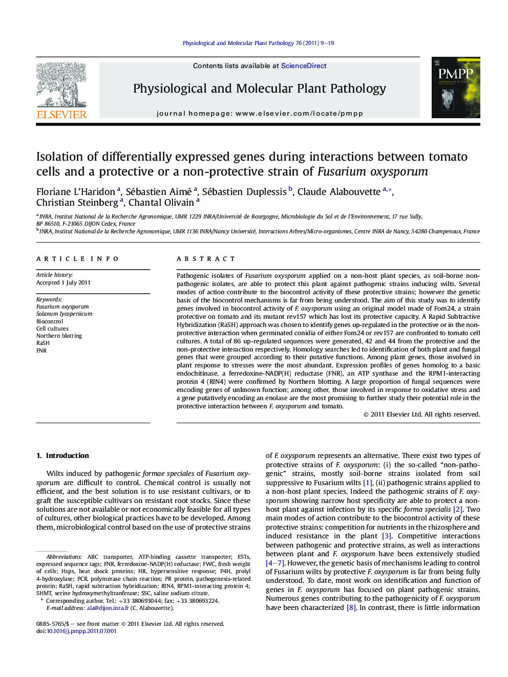 Isolation of differentially expressed genes during interactions between tomato cells and a protective or a non-protective strain of Fusarium oxysporum