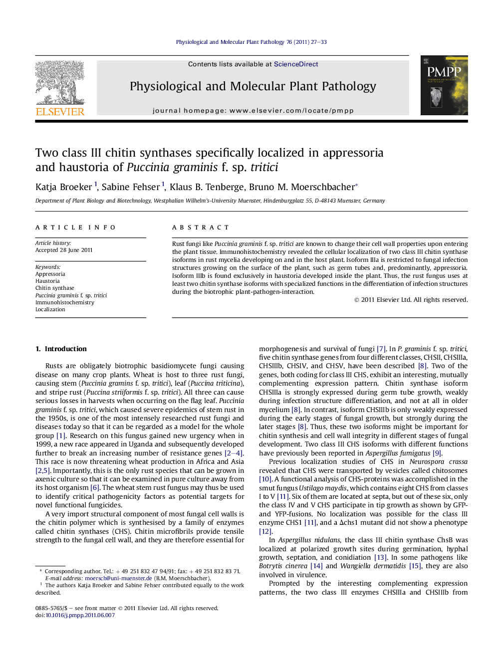 Two class III chitin synthases specifically localized in appressoria and haustoria of Puccinia graminis f. sp. tritici