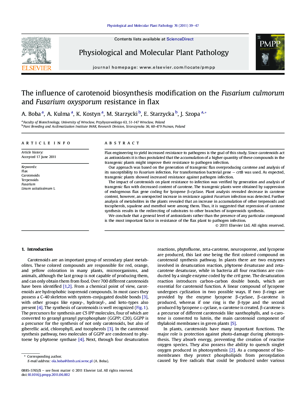 The influence of carotenoid biosynthesis modification on the Fusarium culmorum and Fusarium oxysporum resistance in flax