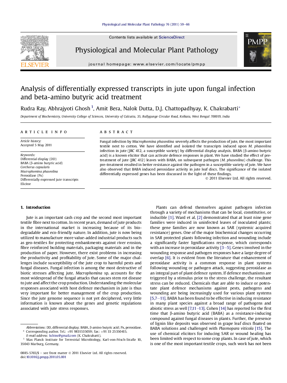 Analysis of differentially expressed transcripts in jute upon fungal infection and beta-amino butyric acid treatment