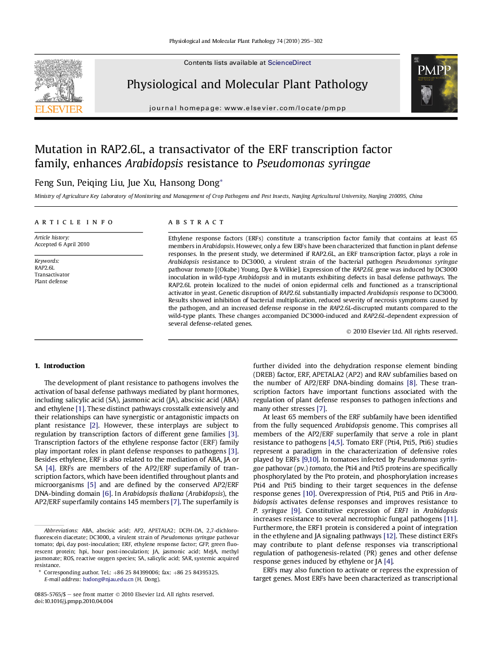 Mutation in RAP2.6L, a transactivator of the ERF transcription factor family, enhances Arabidopsis resistance to Pseudomonas syringae