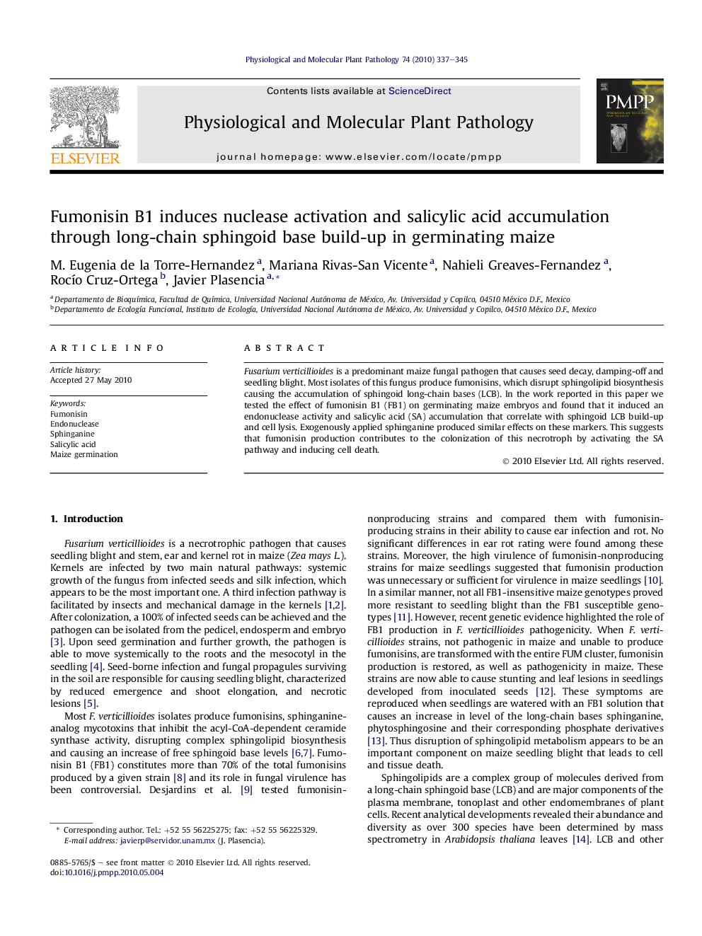 Fumonisin B1 induces nuclease activation and salicylic acid accumulation through long-chain sphingoid base build-up in germinating maize