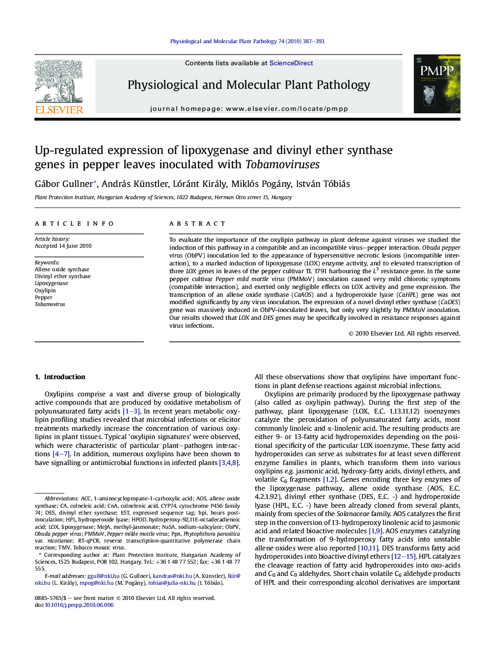 Up-regulated expression of lipoxygenase and divinyl ether synthase genes in pepper leaves inoculated with Tobamoviruses