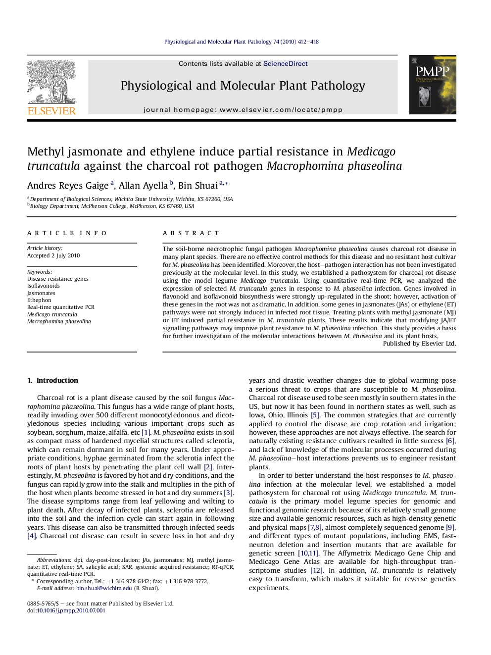 Methyl jasmonate and ethylene induce partial resistance in Medicago truncatula against the charcoal rot pathogen Macrophomina phaseolina