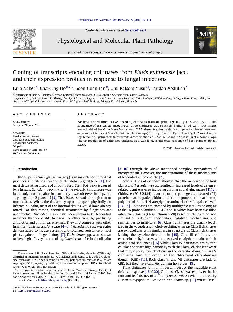 Cloning of transcripts encoding chitinases from Elaeis guineensis Jacq. and their expression profiles in response to fungal infections