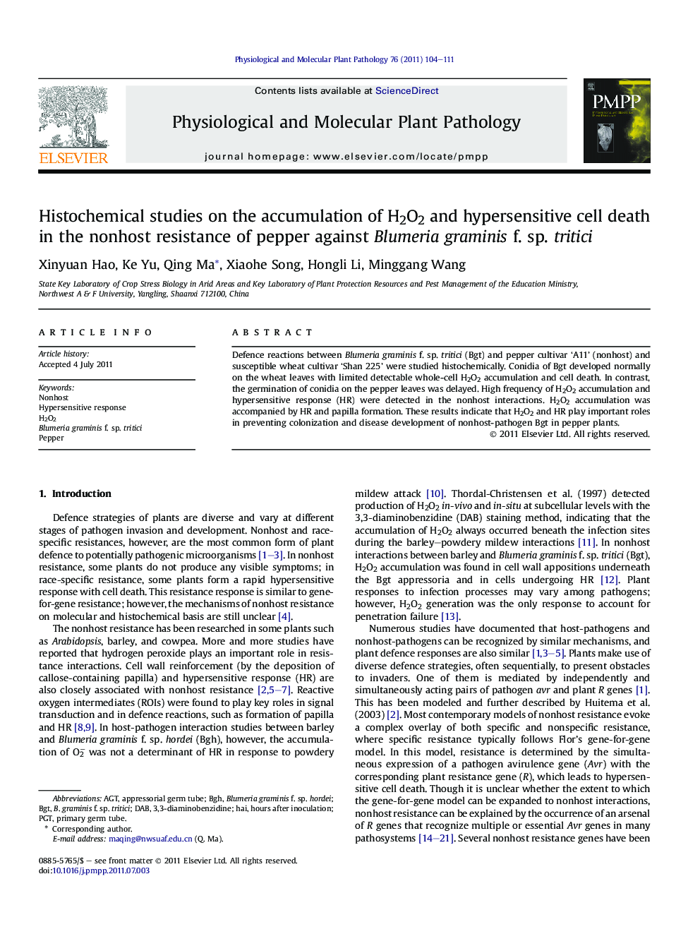 Histochemical studies on the accumulation of H2O2 and hypersensitive cell death in the nonhost resistance of pepper against Blumeria graminis f. sp. tritici