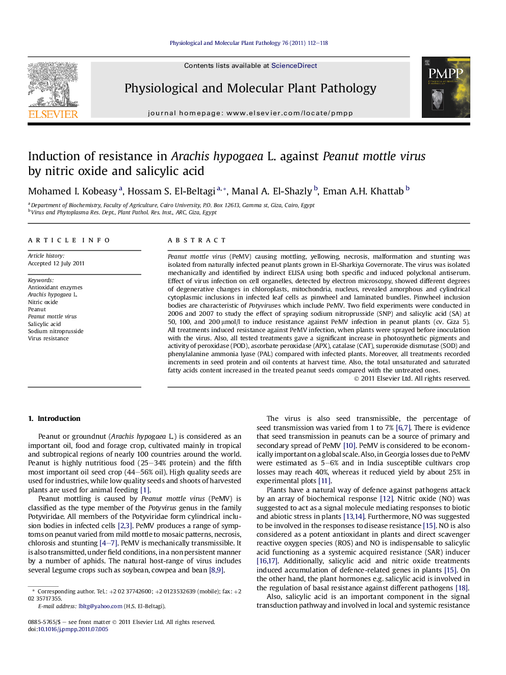 Induction of resistance in Arachis hypogaea L. against Peanut mottle virus by nitric oxide and salicylic acid