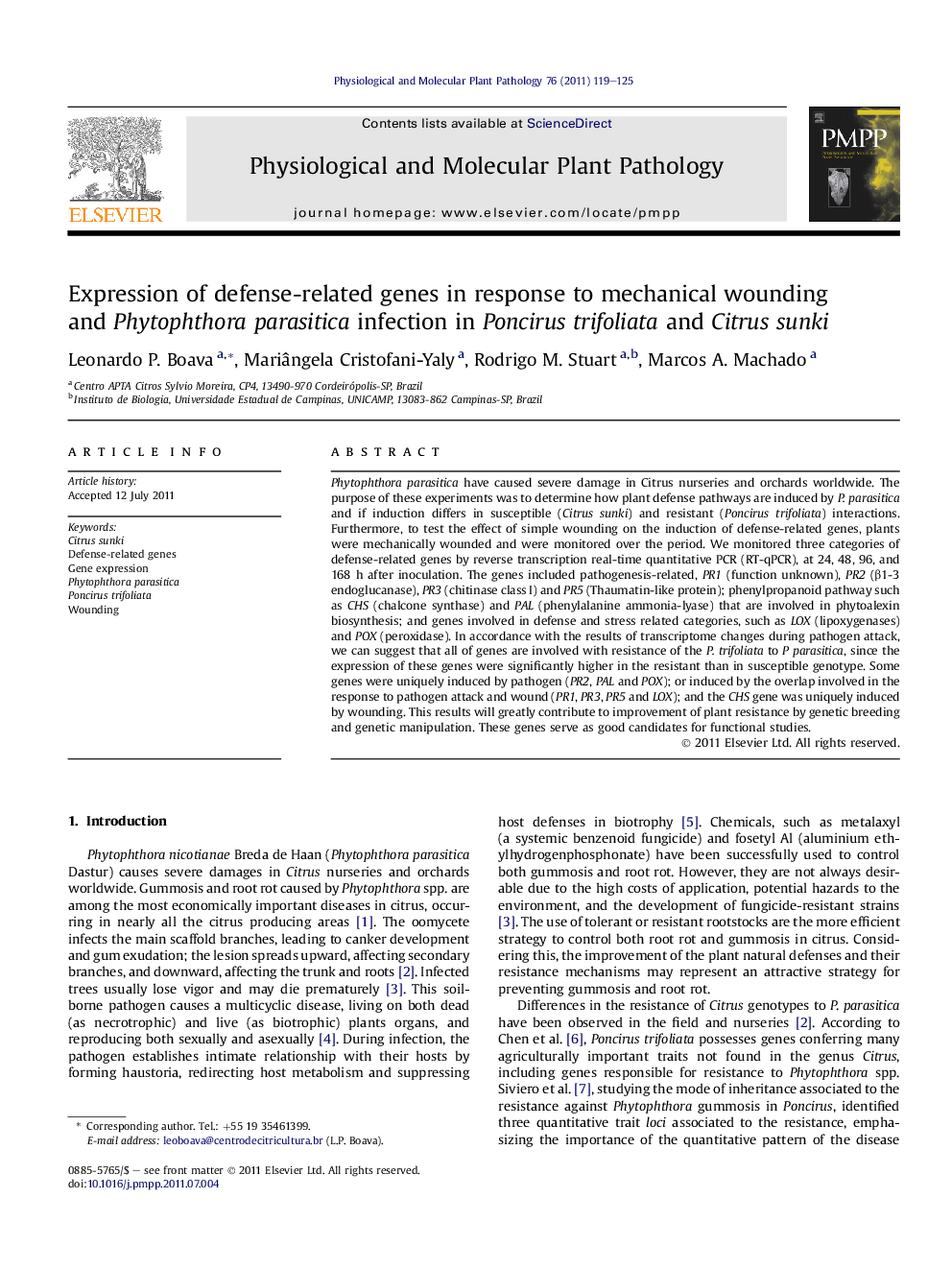 Expression of defense-related genes in response to mechanical wounding and Phytophthora parasitica infection in Poncirus trifoliata and Citrus sunki