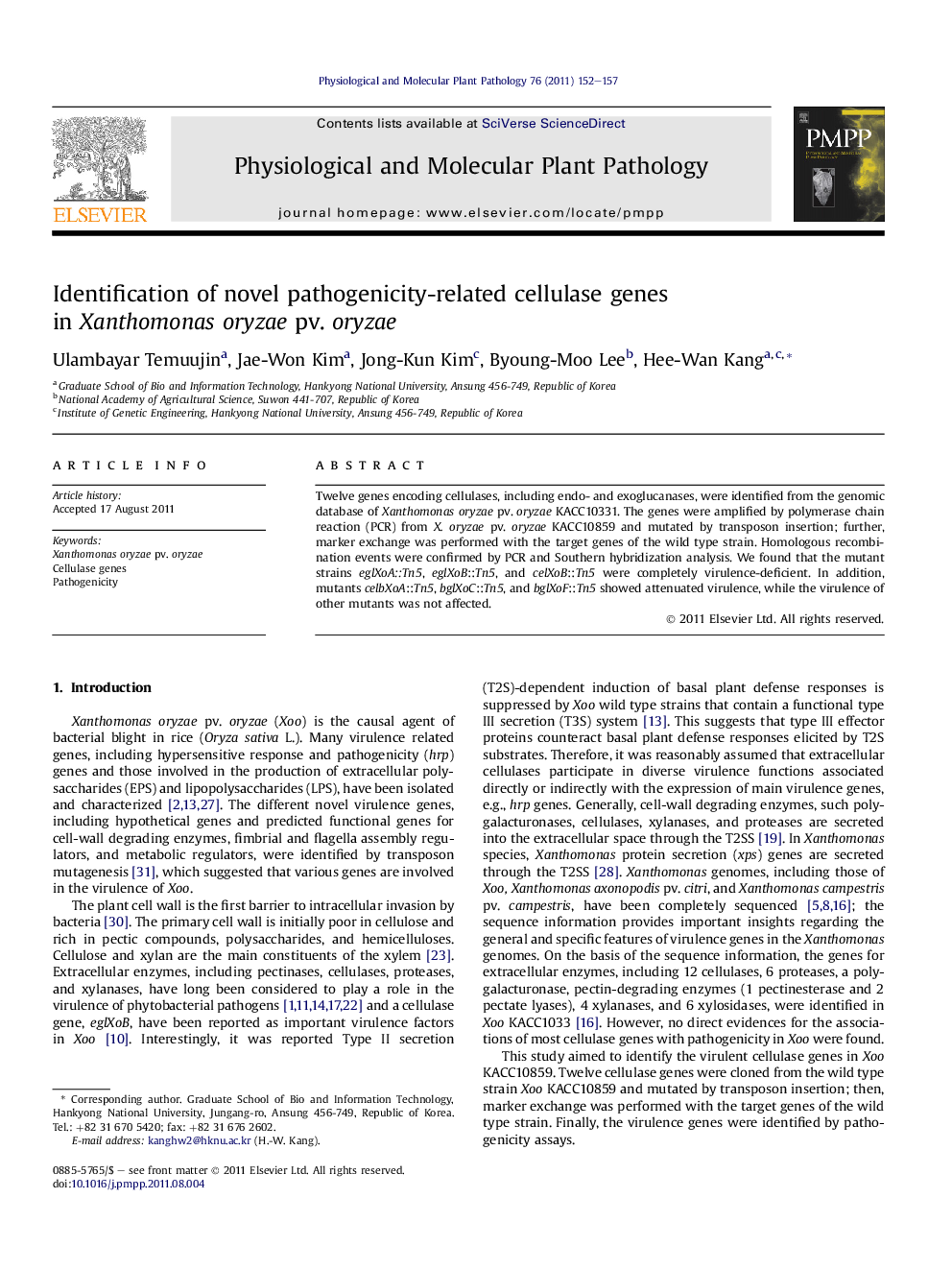 Identification of novel pathogenicity-related cellulase genes in Xanthomonas oryzae pv. oryzae