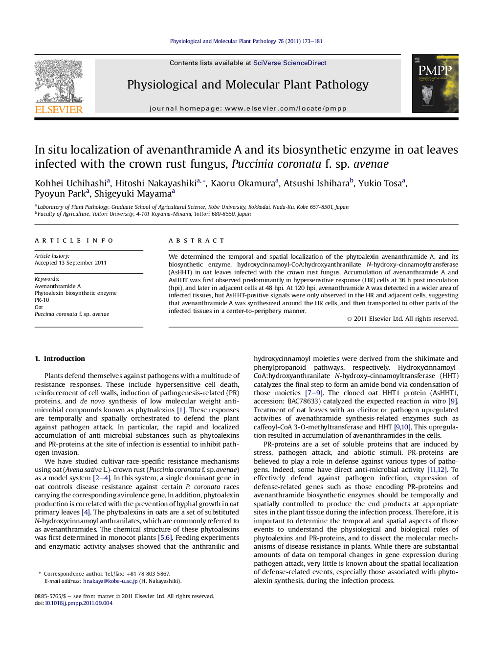 In situ localization of avenanthramide A and its biosynthetic enzyme in oat leaves infected with the crown rust fungus, Puccinia coronata f. sp. avenae