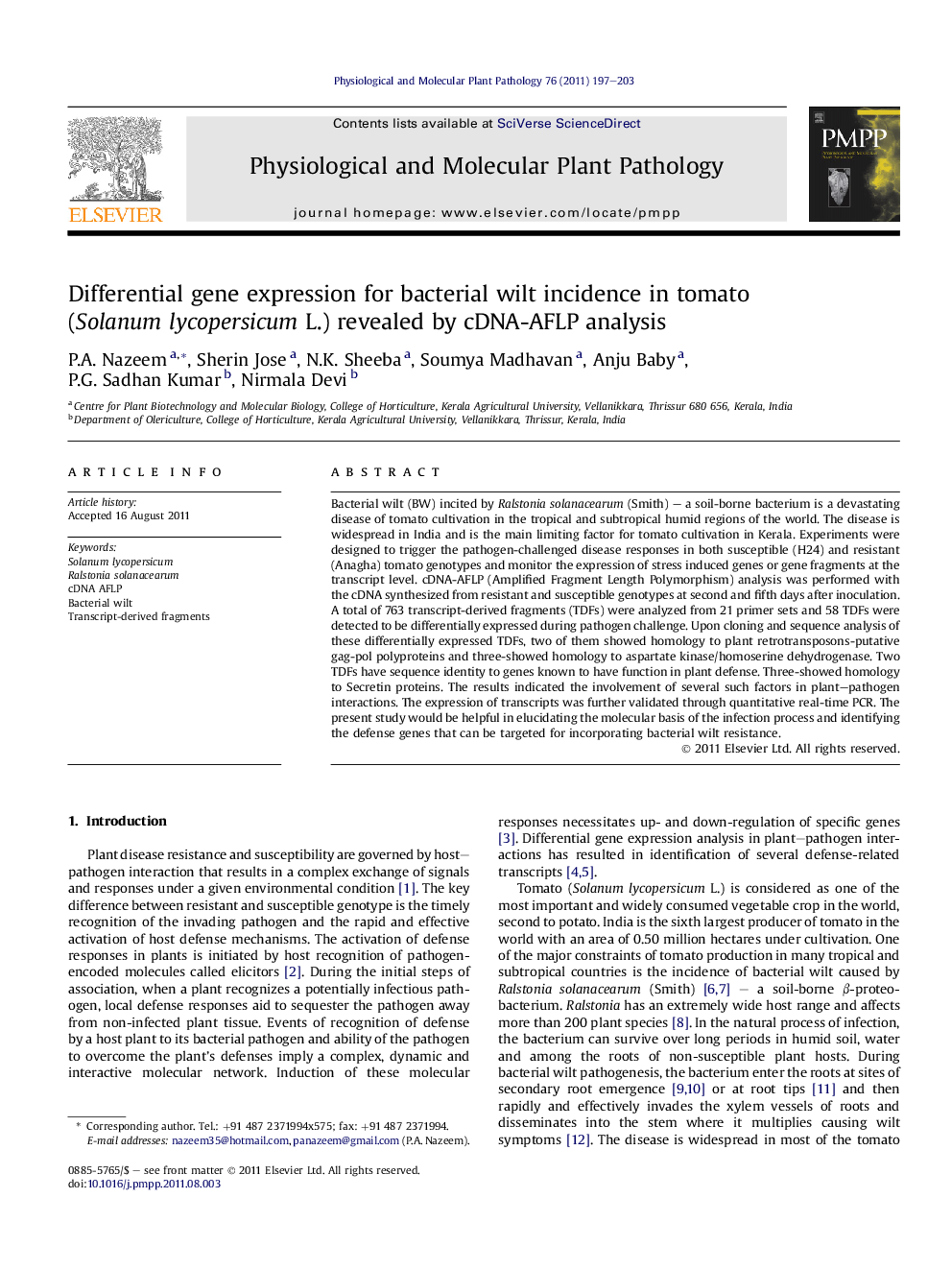 Differential gene expression for bacterial wilt incidence in tomato (Solanum lycopersicum L.) revealed by cDNA-AFLP analysis