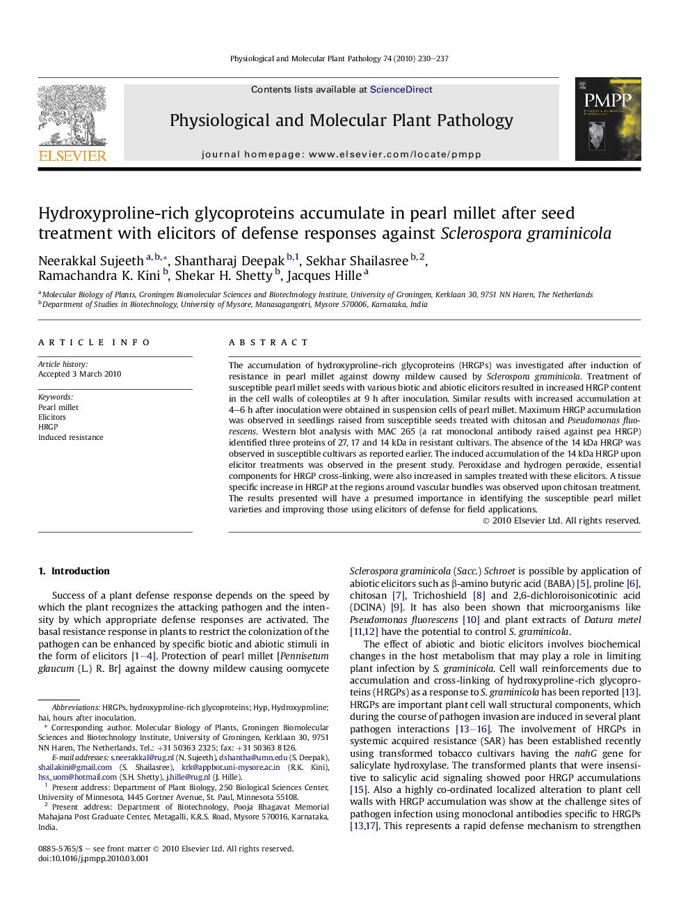 Hydroxyproline-rich glycoproteins accumulate in pearl millet after seed treatment with elicitors of defense responses against Sclerospora graminicola