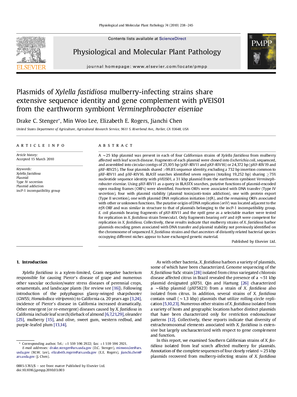 Plasmids of Xylella fastidiosa mulberry-infecting strains share extensive sequence identity and gene complement with pVEIS01 from the earthworm symbiont Verminephrobacter eiseniae