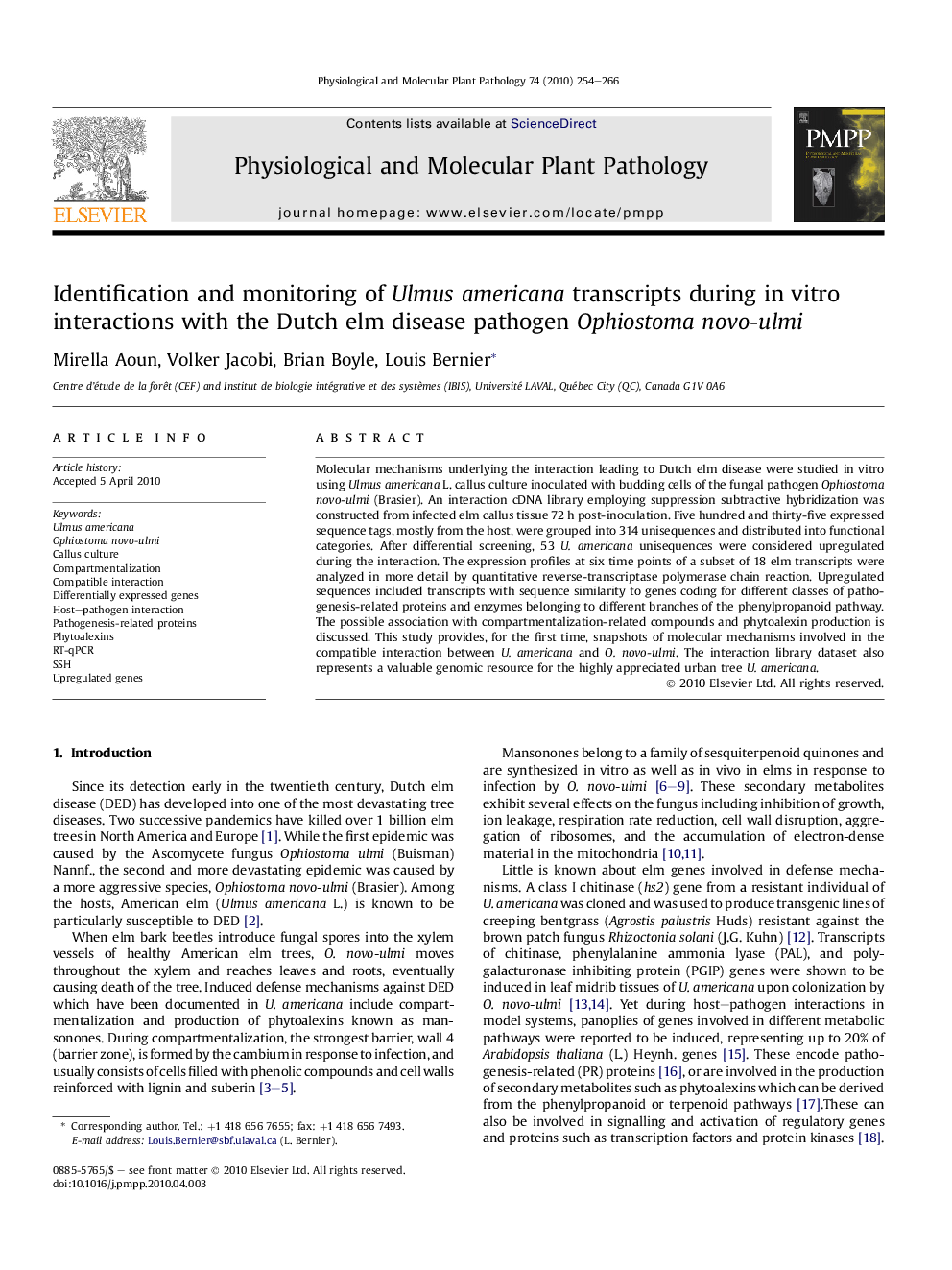 Identification and monitoring of Ulmus americana transcripts during in vitro interactions with the Dutch elm disease pathogen Ophiostoma novo-ulmi