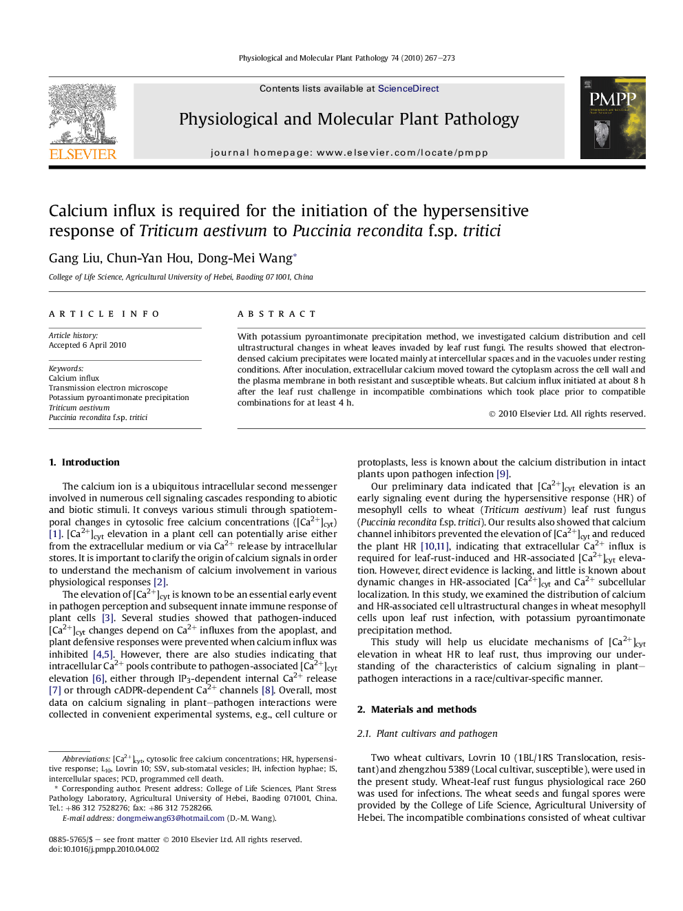 Calcium influx is required for the initiation of the hypersensitive response of Triticum aestivum to Puccinia recondita f.sp. tritici