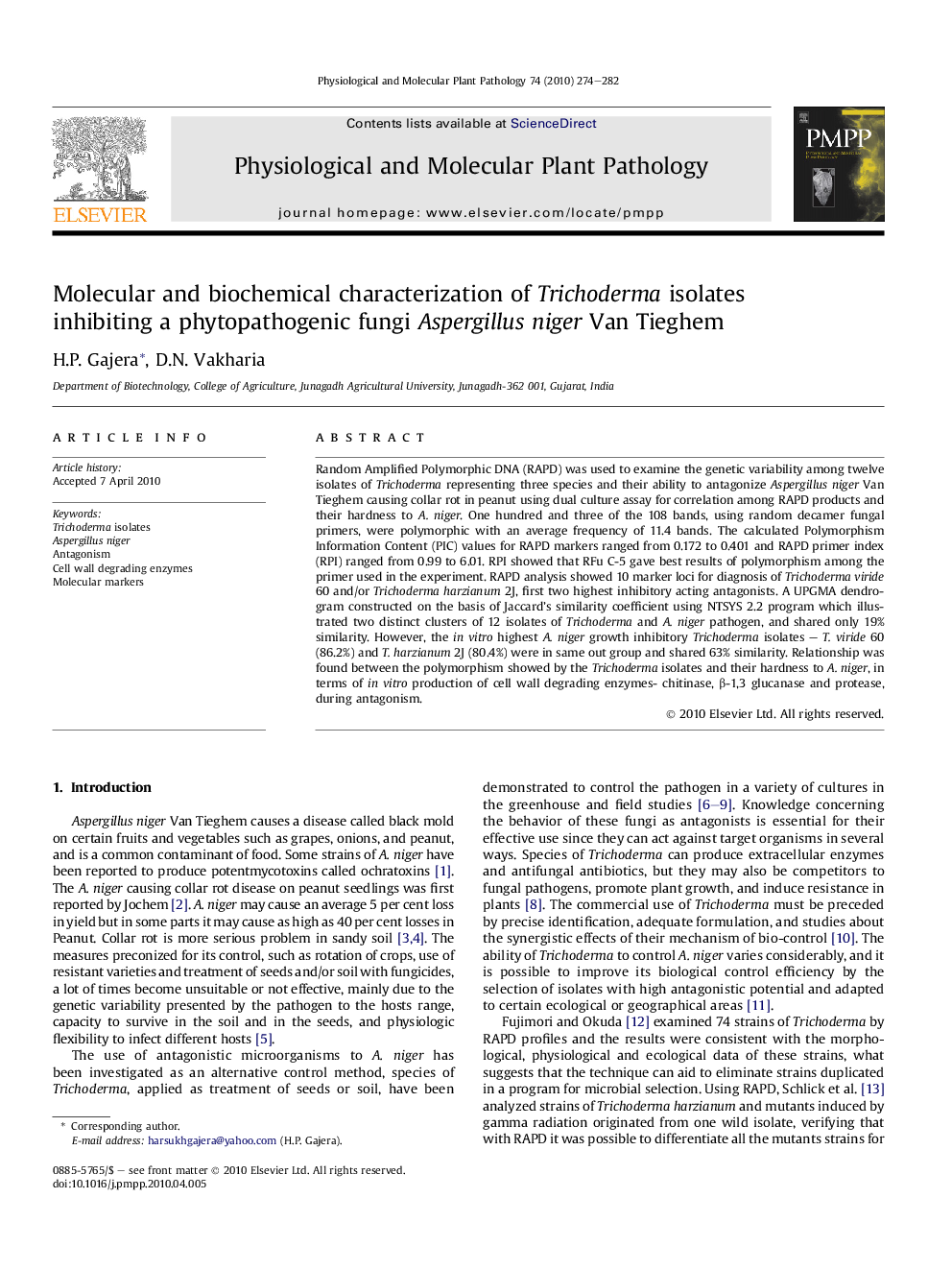 Molecular and biochemical characterization of Trichoderma isolates inhibiting a phytopathogenic fungi Aspergillus niger Van Tieghem