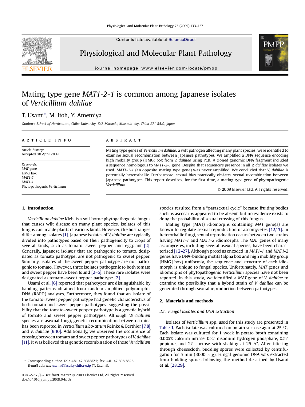 Mating type gene MAT1-2-1 is common among Japanese isolates of Verticillium dahliae