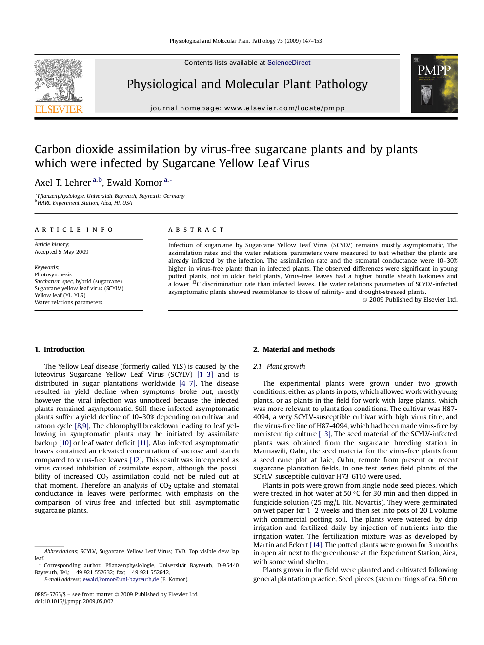 Carbon dioxide assimilation by virus-free sugarcane plants and by plants which were infected by Sugarcane Yellow Leaf Virus