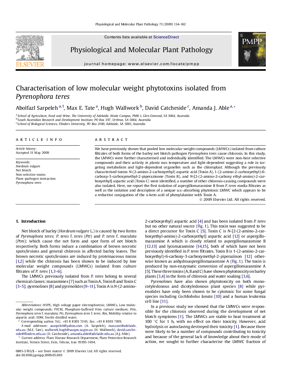 Characterisation of low molecular weight phytotoxins isolated from Pyrenophora teres