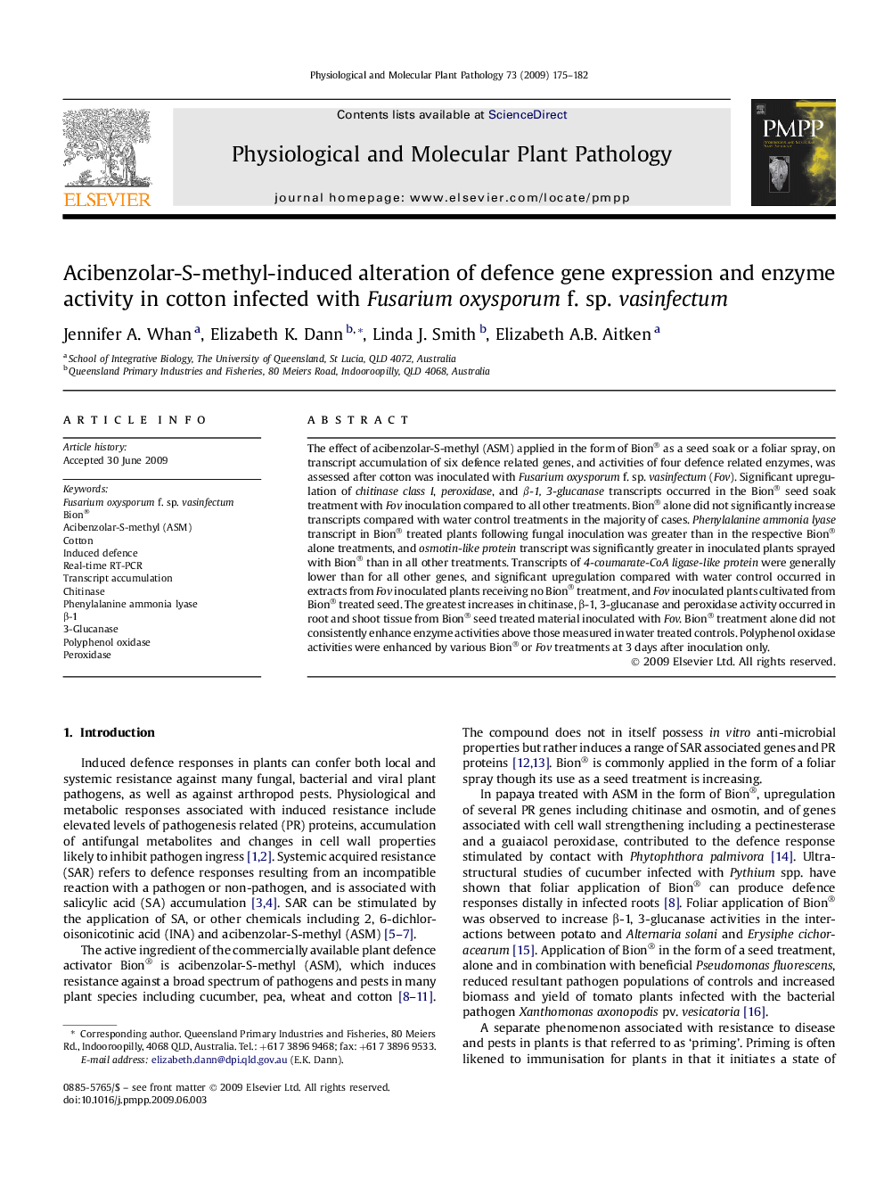 Acibenzolar-S-methyl-induced alteration of defence gene expression and enzyme activity in cotton infected with Fusarium oxysporum f. sp. vasinfectum