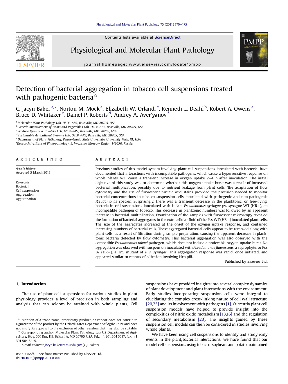 Detection of bacterial aggregation in tobacco cell suspensions treated with pathogenic bacteria 