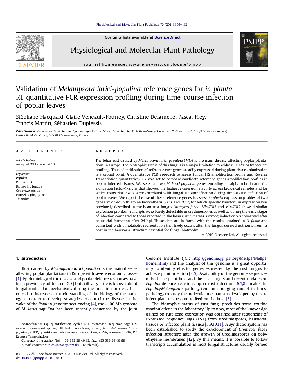 Validation of Melampsora larici-populina reference genes for in planta RT-quantitative PCR expression profiling during time-course infection of poplar leaves