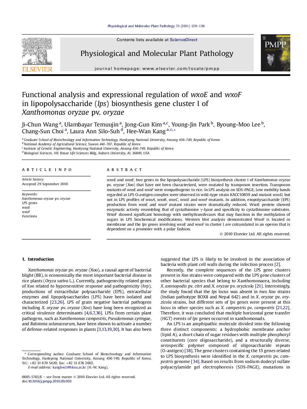 Functional analysis and expressional regulation of wxoE and wxoF in lipopolysaccharide (lps) biosynthesis gene cluster I of Xanthomonas oryzae pv. oryzae