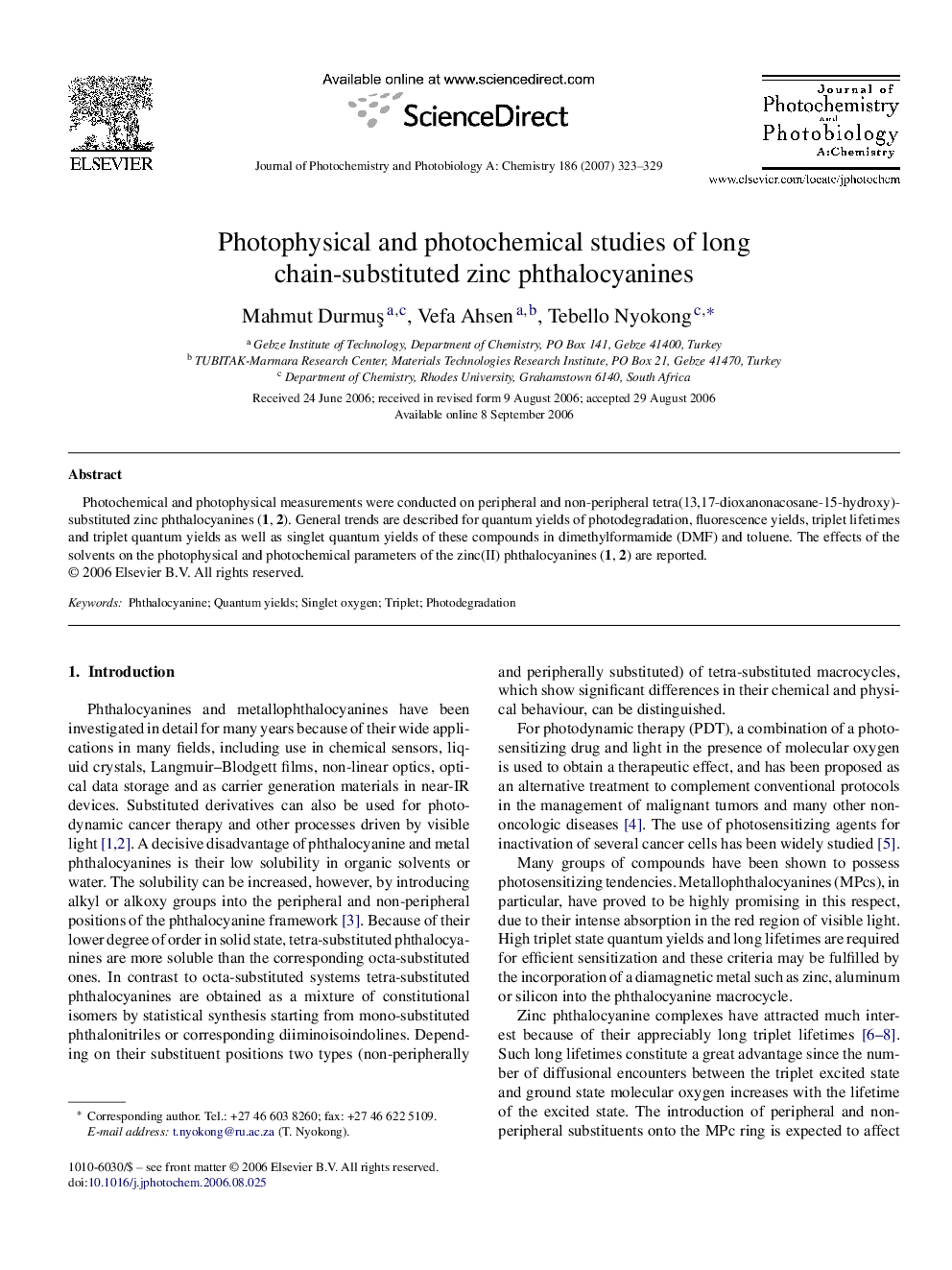 Photophysical and photochemical studies of long chain-substituted zinc phthalocyanines