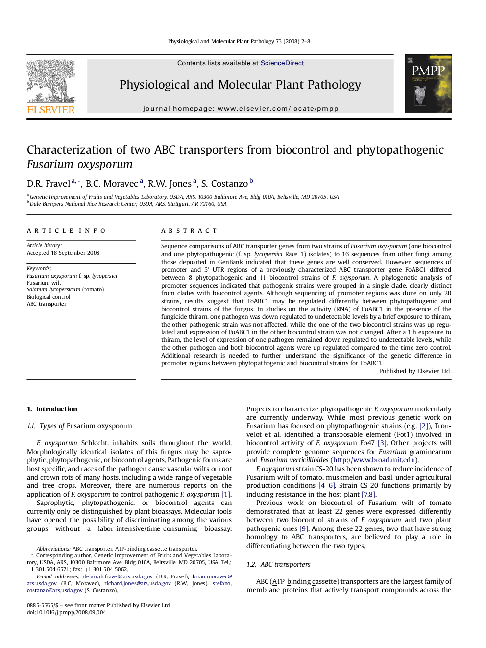 Characterization of two ABC transporters from biocontrol and phytopathogenic Fusarium oxysporum