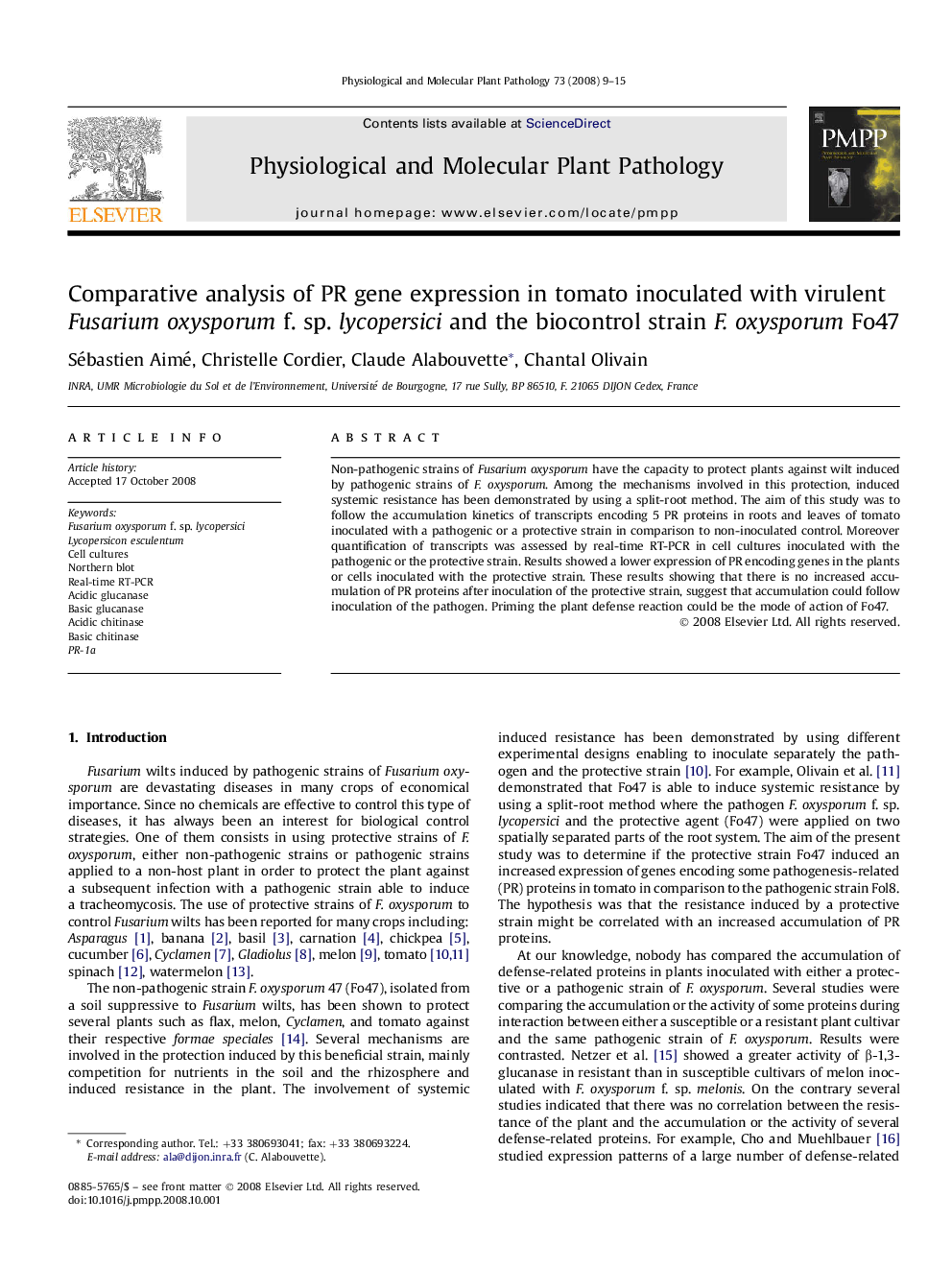 Comparative analysis of PR gene expression in tomato inoculated with virulent Fusarium oxysporum f. sp. lycopersici and the biocontrol strain F. oxysporum Fo47