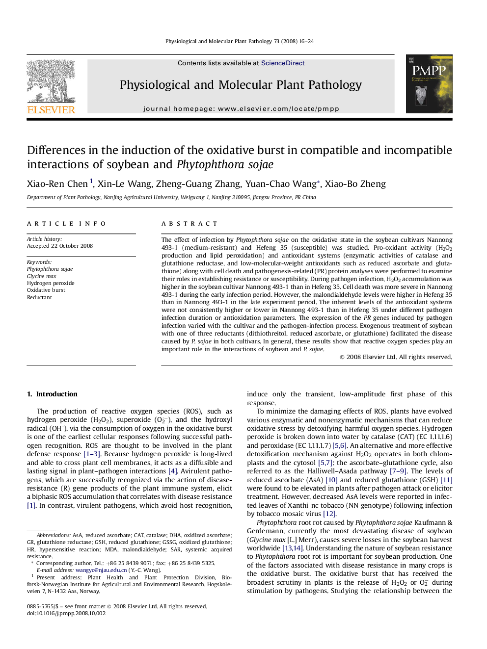 Differences in the induction of the oxidative burst in compatible and incompatible interactions of soybean and Phytophthora sojae