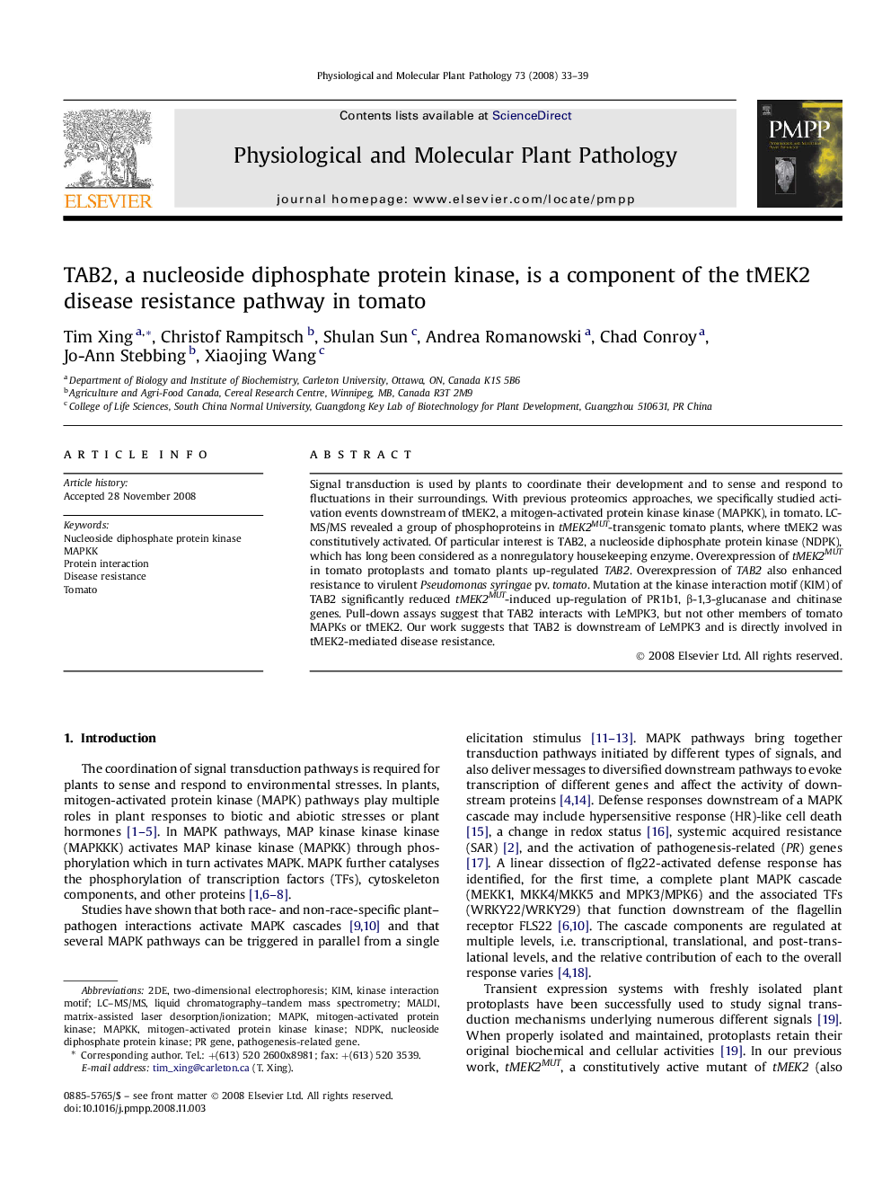 TAB2, a nucleoside diphosphate protein kinase, is a component of the tMEK2 disease resistance pathway in tomato