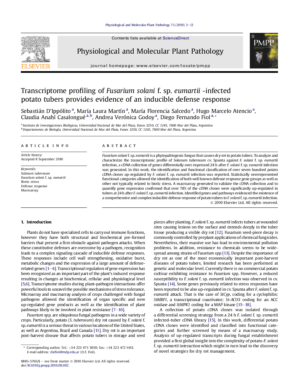 Transcriptome profiling of Fusarium solani f. sp. eumartii -infected potato tubers provides evidence of an inducible defense response