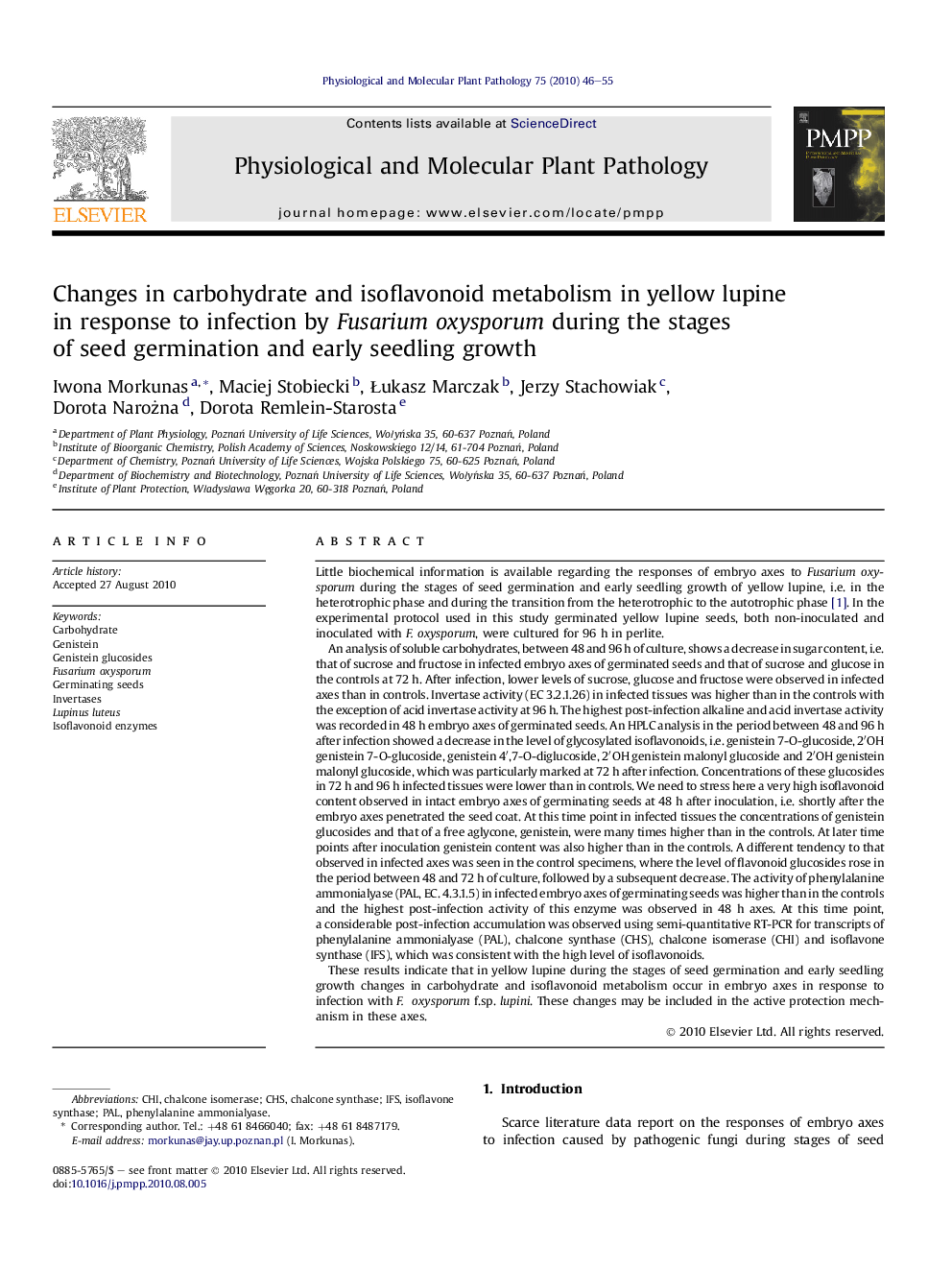 Changes in carbohydrate and isoflavonoid metabolism in yellow lupine in response to infection by Fusarium oxysporum during the stages of seed germination and early seedling growth