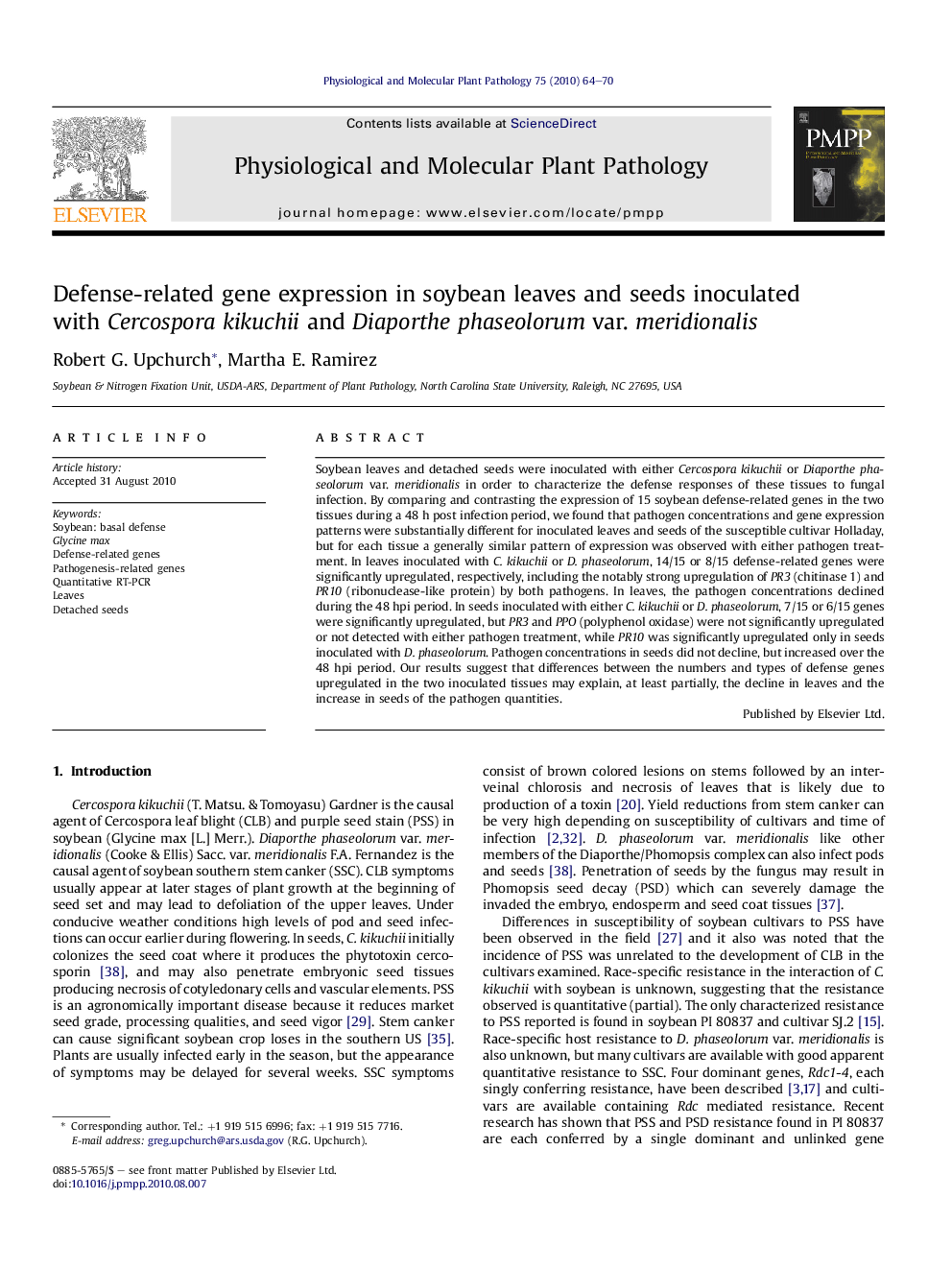 Defense-related gene expression in soybean leaves and seeds inoculated with Cercospora kikuchii and Diaporthe phaseolorum var. meridionalis