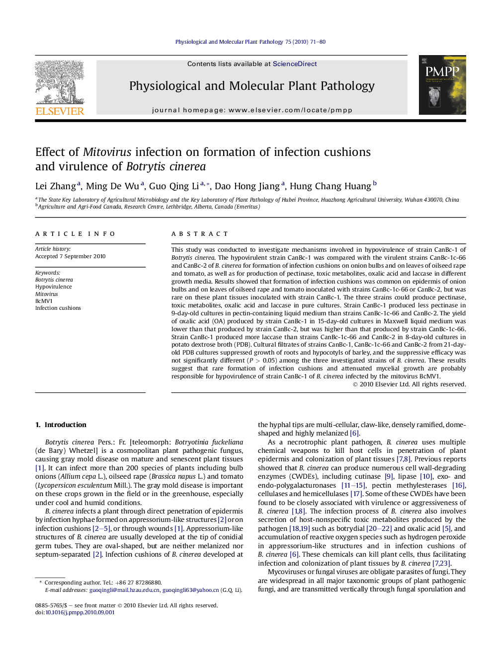 Effect of Mitovirus infection on formation of infection cushions and virulence of Botrytis cinerea