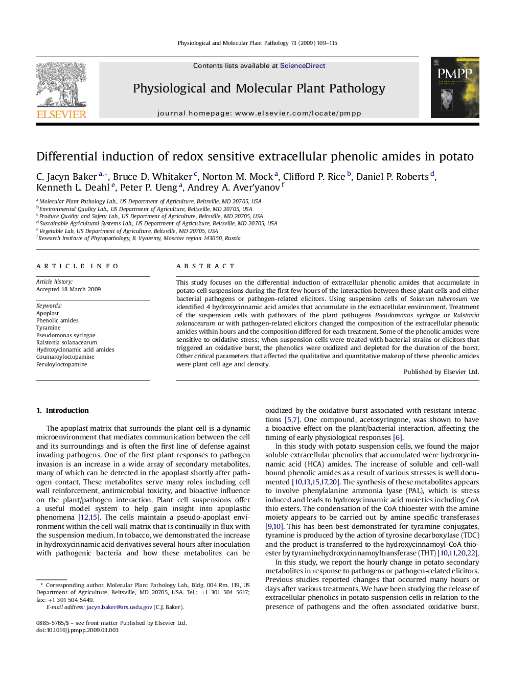 Differential induction of redox sensitive extracellular phenolic amides in potato