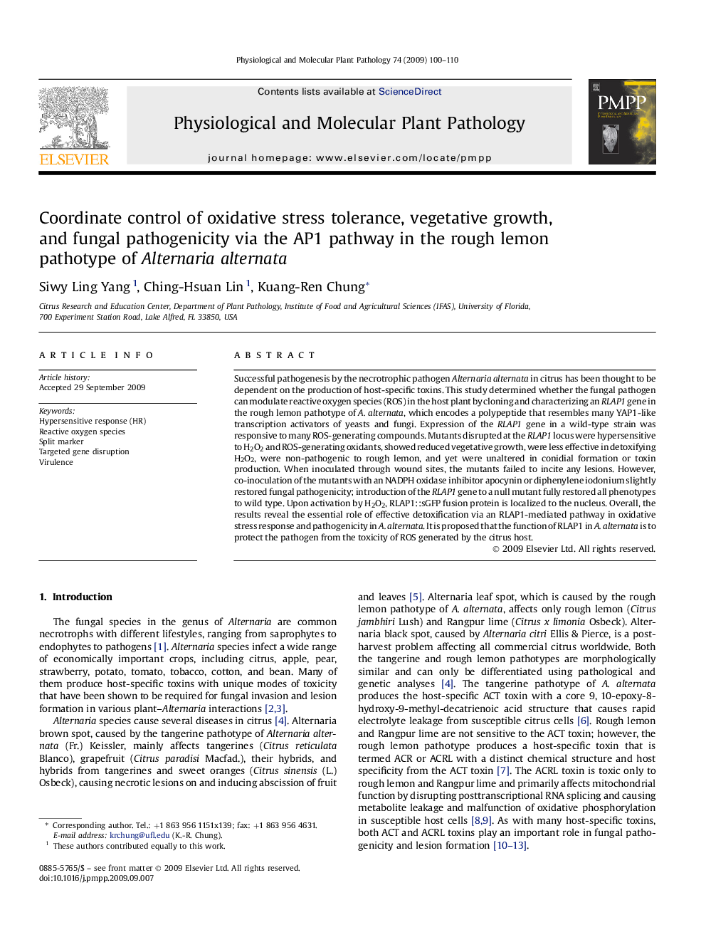 Coordinate control of oxidative stress tolerance, vegetative growth, and fungal pathogenicity via the AP1 pathway in the rough lemon pathotype of Alternaria alternata