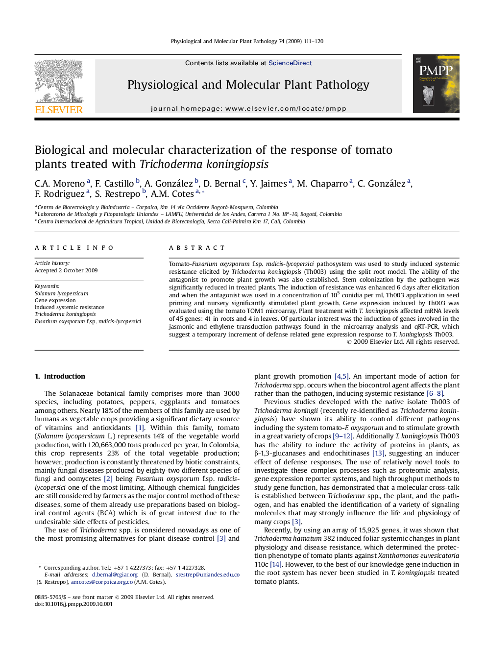 Biological and molecular characterization of the response of tomato plants treated with Trichoderma koningiopsis